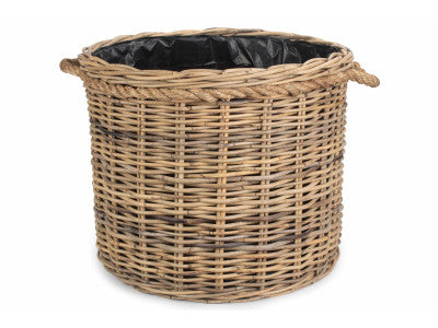 LARGE ROPE HANDLED RATTAN ROUND PLANTER with PLASTIC LINING