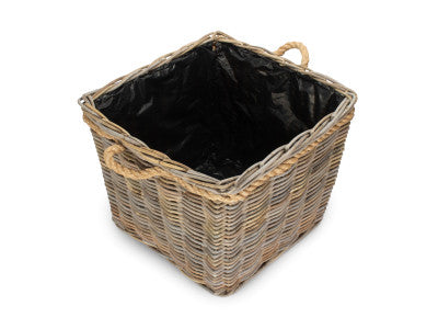 LARGE SQUARE TAPERED ROPE HANDLED RATTAN PLANTER with PLASTIC LINING