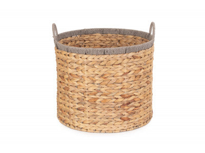 LARGE ROUND WATER HYACINTH STORAGE BASKET with GREY ROPE BORDER