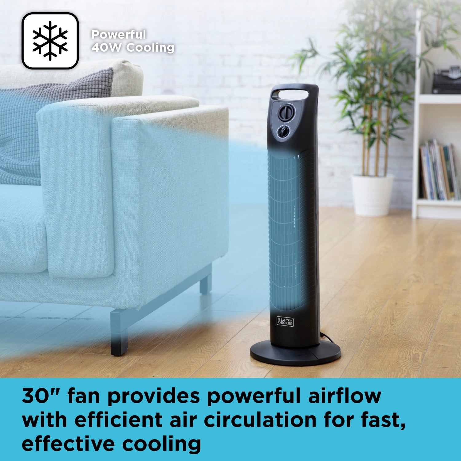 5056032960497 Black & Decker 30 Inch Tower Fan with 2 Hour Timer in Black BXFT50002GB Brambles Cookshop 3