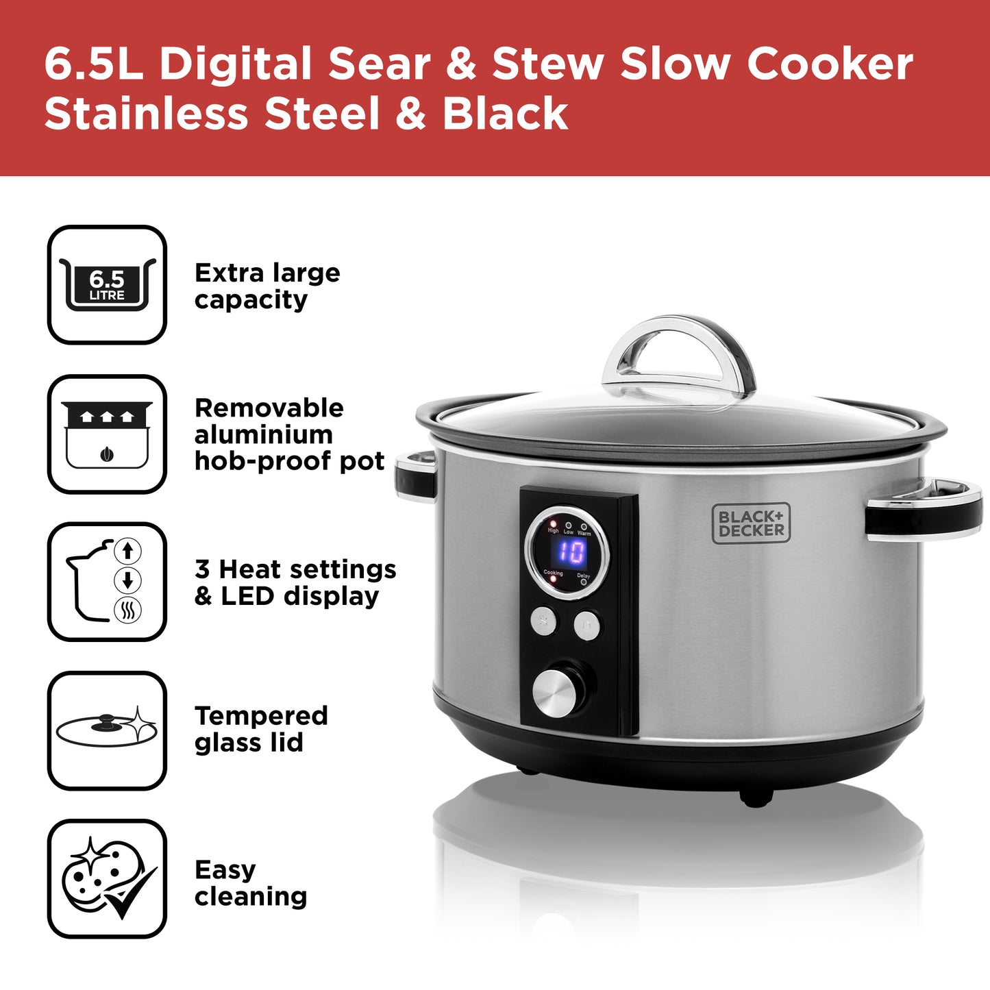5056462310152 Black & Decker 6.5 Litre Digital Slow Cooker BXSC16045GB Brambles Cookshop 2