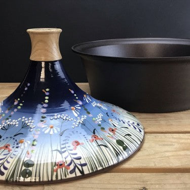 Netherton Foundry Blue Meadow Flower Stove Top Tagine and Spun Iron Bowl, hand thrown and painted by Rachel Frost. 5413346326041 NFS-105BTMF