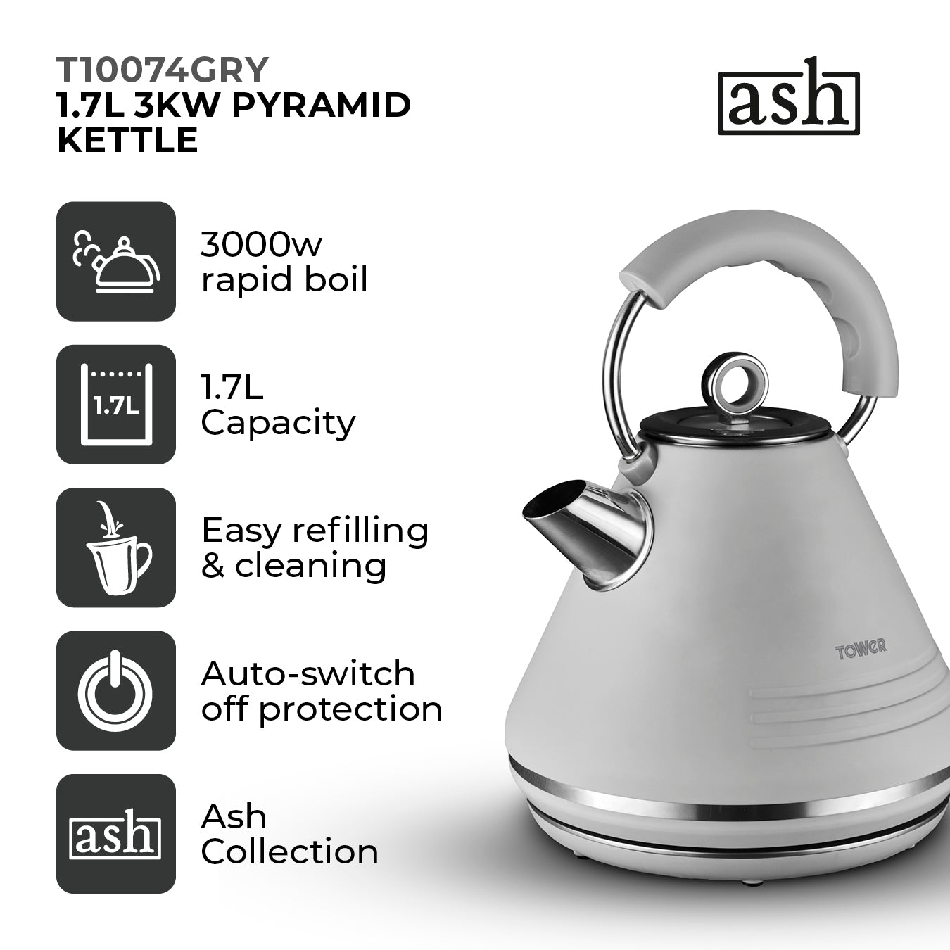 5056462342337 TOWER Ash 1.7L 3KW Pyramid Kettle Grey T10074GRY Brambles Cookshop 2