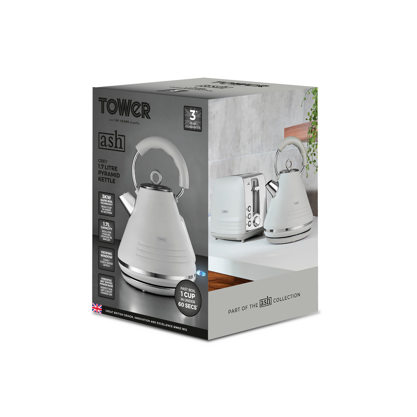5056462342337 TOWER Ash 1.7L 3KW Pyramid Kettle Grey T10074GRY Brambles Cookshop 10