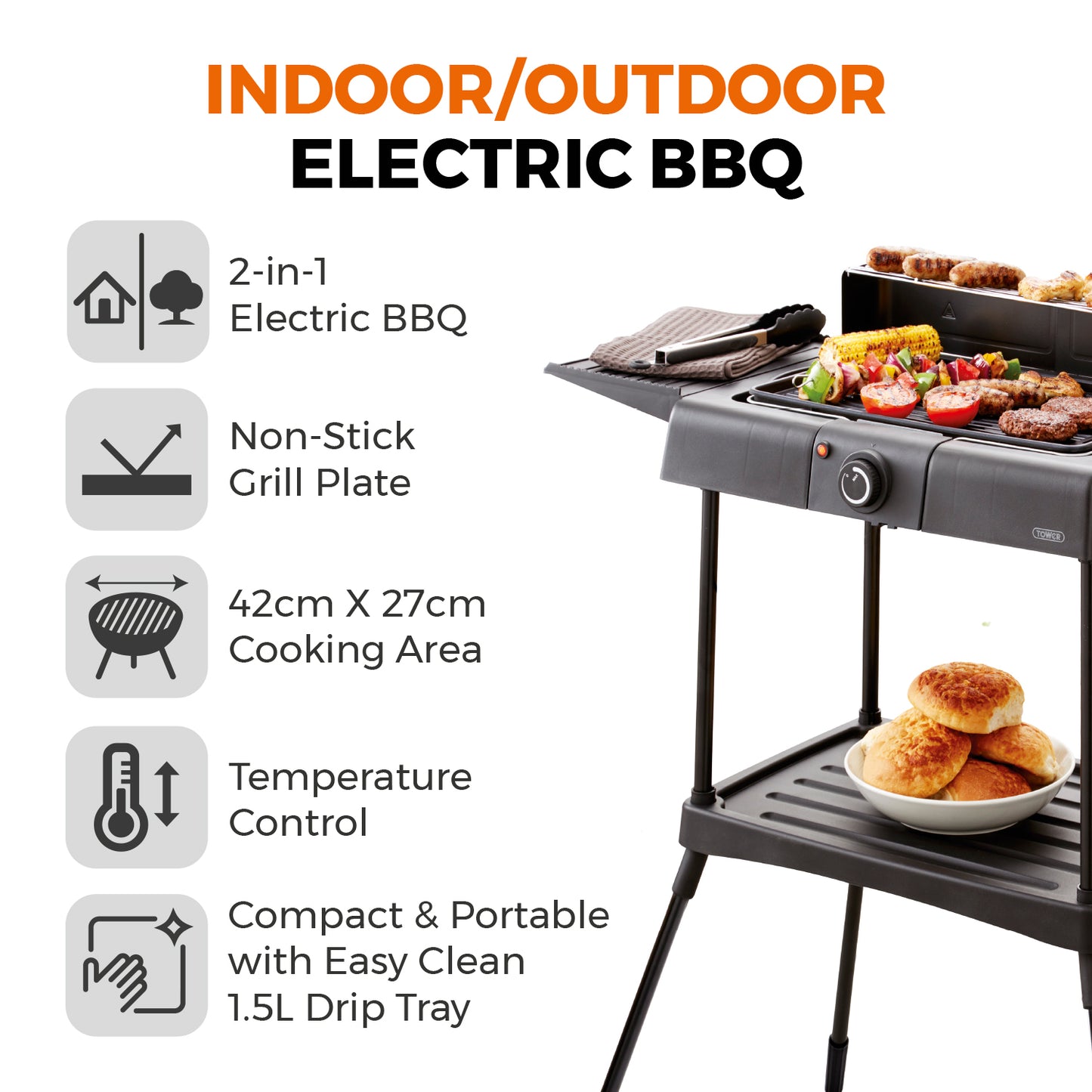 5056462319575 TOWER Standing Electric BBQ Grill Black T14049BMR Brambles Cookshop 2