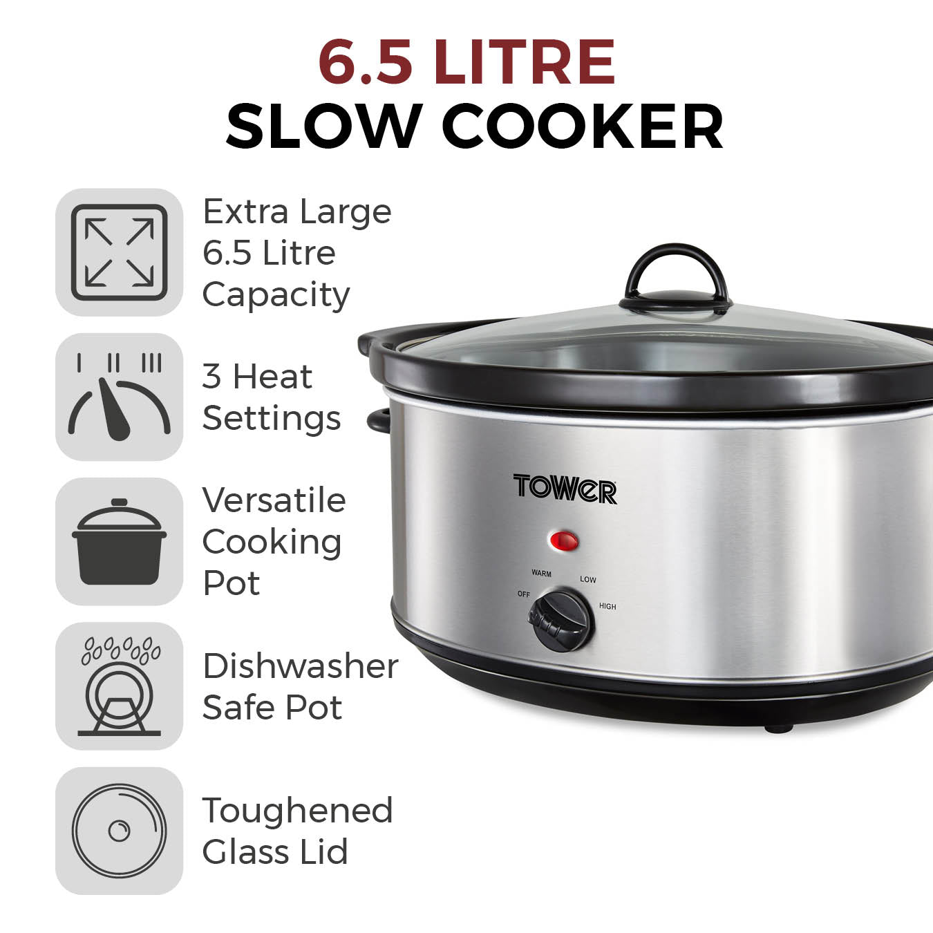 5056462363127 TOWER 6.5L S/S Slow Cooker Stainless Steel Black Handles T16040Y Brambles Cookshop 2