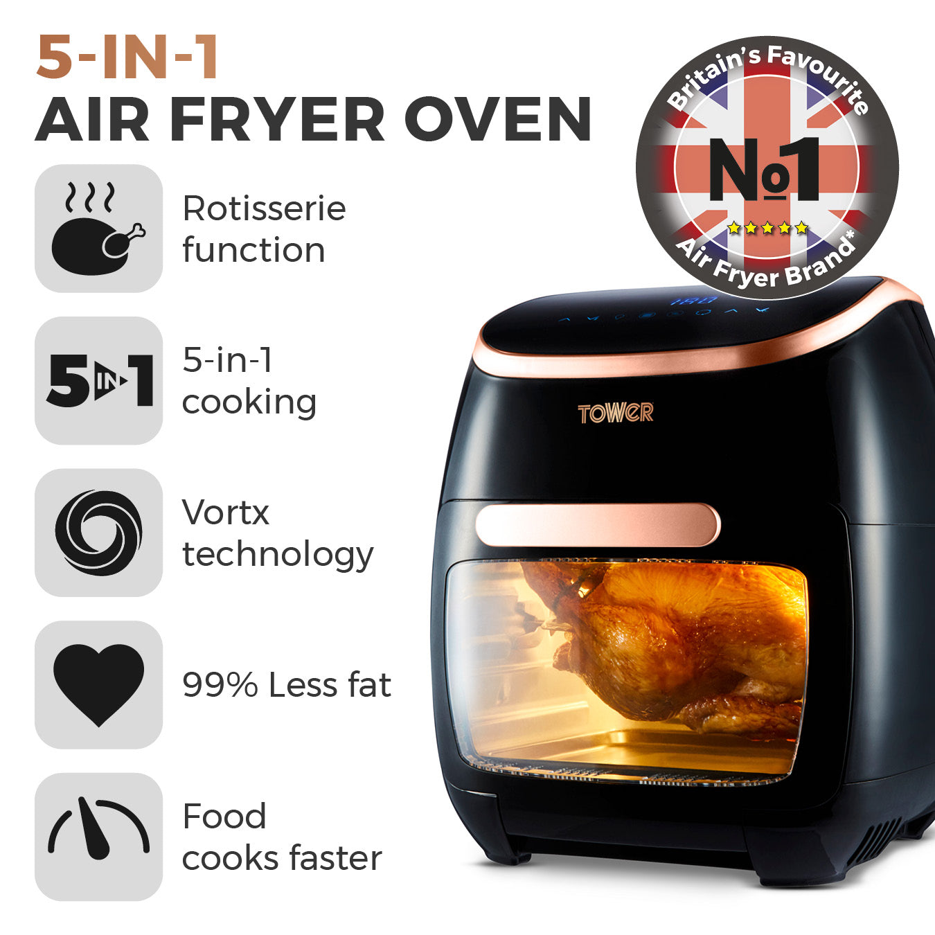 5056032967977 TOWER Xpress Pro 2000W 11 Litre 5-in-1 Rose Gold Digital Air Fryer Oven with Rotisserie T17039RGB Brambles Cookshop 2