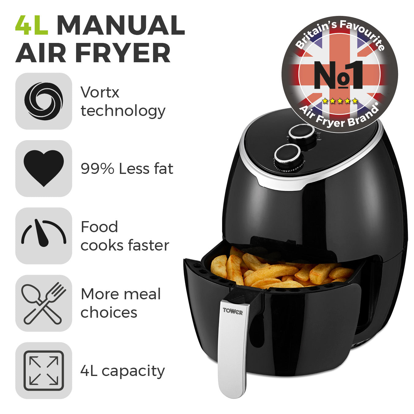 5056032983236 TOWER Vortx 4L Manual Air Fryer Black T17061BLK Brambles Cookshop 2