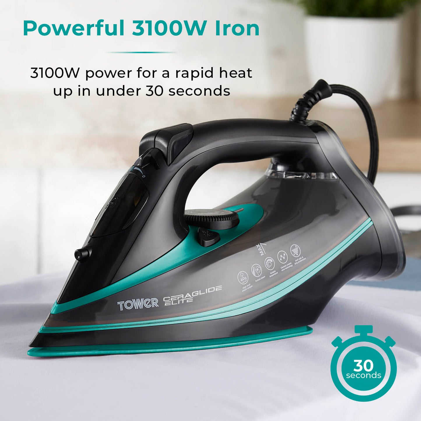 5056462352855 TOWER Ceraglide 3100W Iron Ultra Speed Black/Teal T22013TL Brambles Cookshop 3