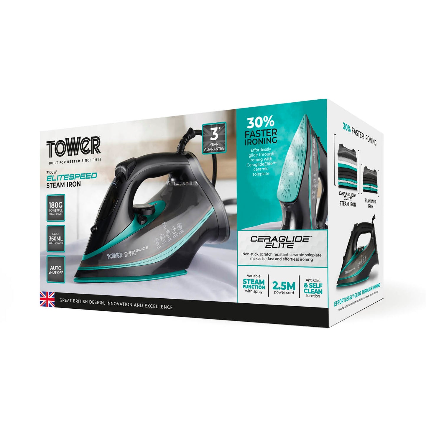 5056462352855 TOWER Ceraglide 3100W Iron Ultra Speed Black/Teal T22013TL Brambles Cookshop 10