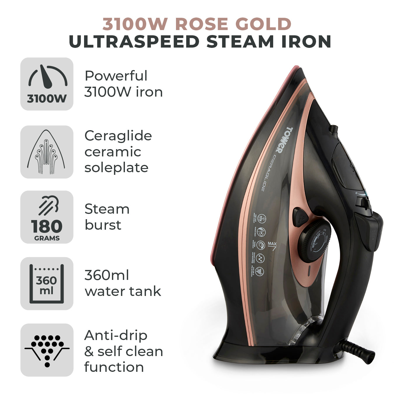 5056032954236 TOWER CeraGlide 3100W Ultra Speed Iron Black / Rose Gold T22013 Brambles Cookshop 2
