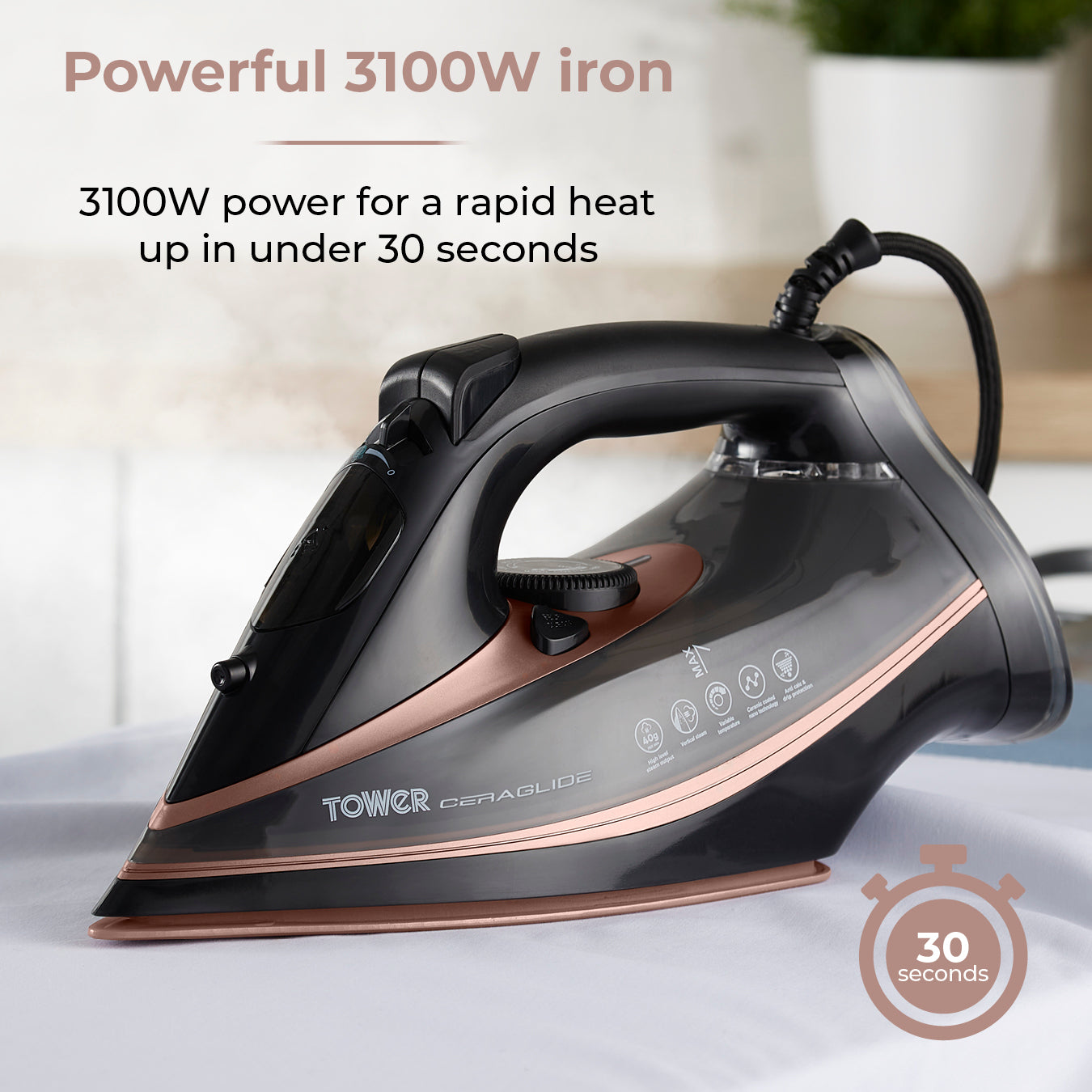 5056032954236 TOWER CeraGlide 3100W Ultra Speed Iron Black / Rose Gold T22013 Brambles Cookshop 3