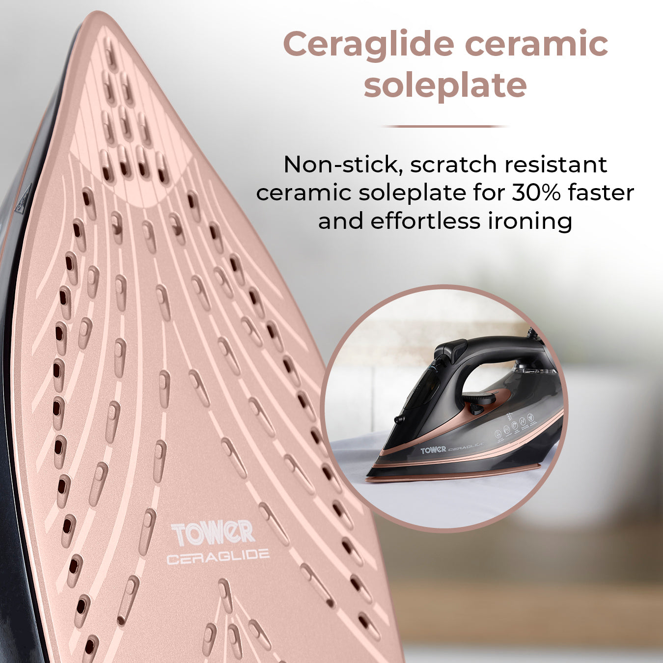 5056032954236 TOWER CeraGlide 3100W Ultra Speed Iron Black / Rose Gold T22013 Brambles Cookshop 4