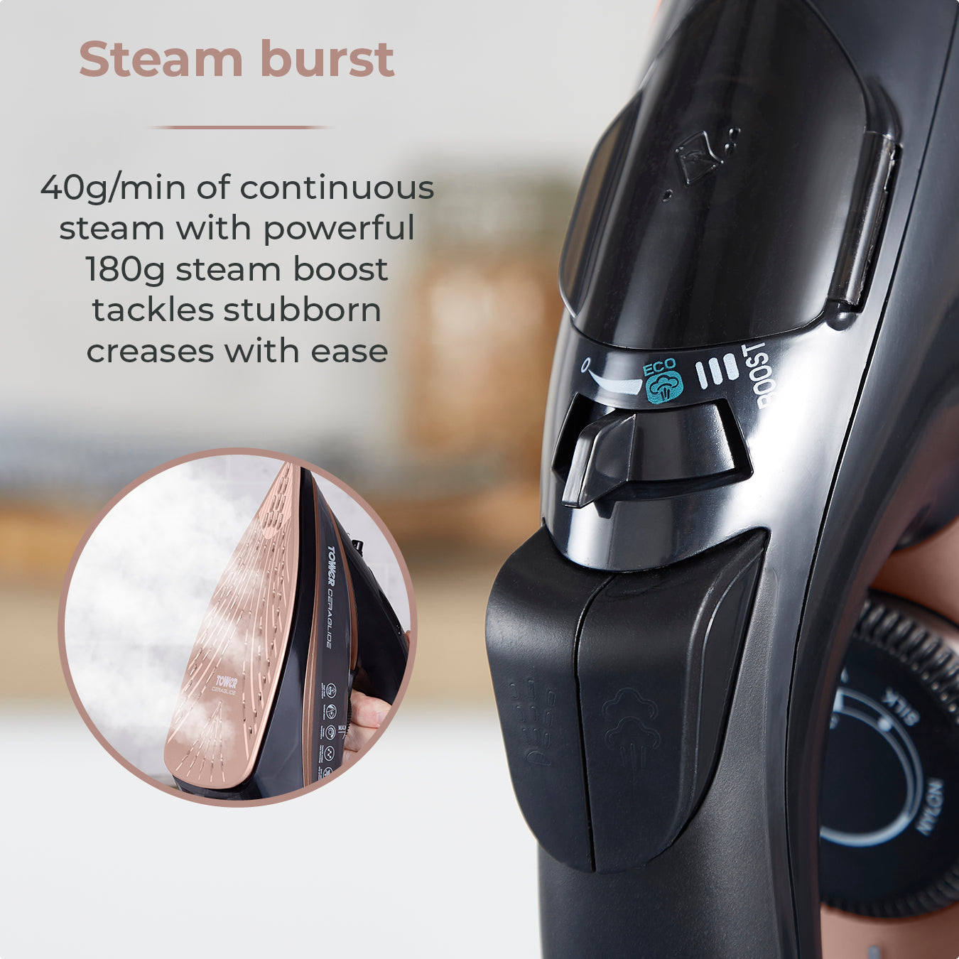 5056032954236 TOWER CeraGlide 3100W Ultra Speed Iron Black / Rose Gold T22013 Brambles Cookshop 5