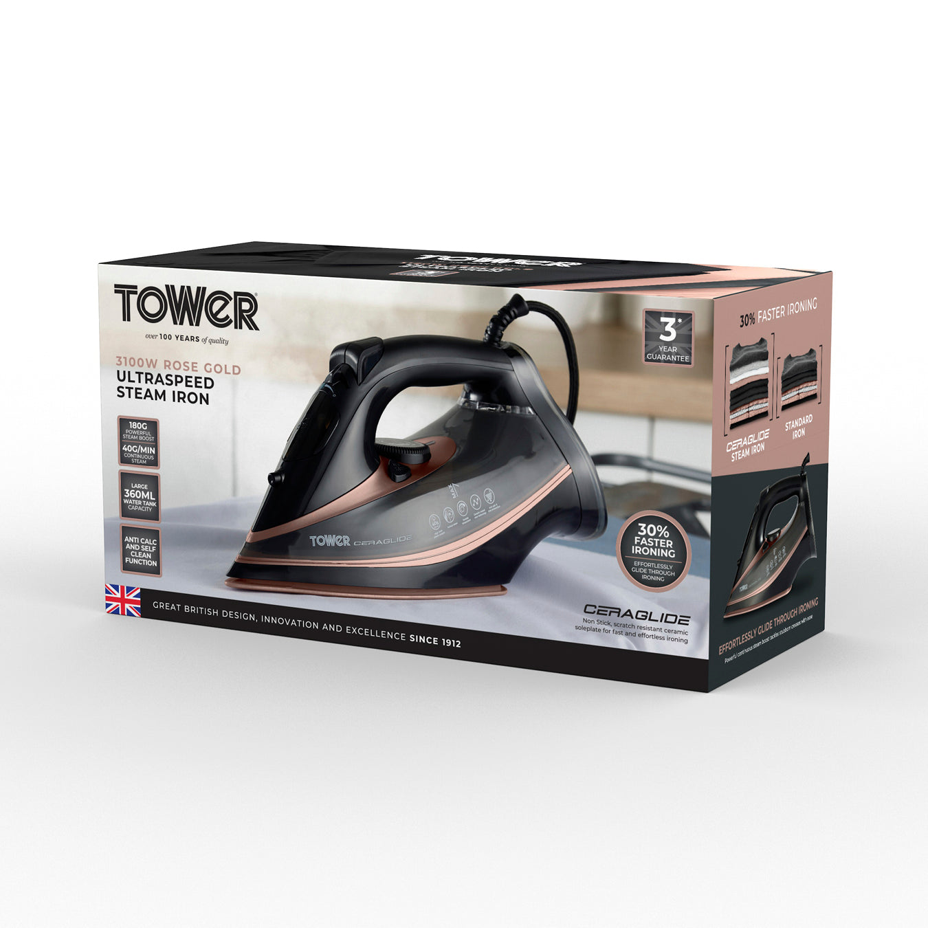 5056032954236 TOWER CeraGlide 3100W Ultra Speed Iron Black / Rose Gold T22013 Brambles Cookshop 10