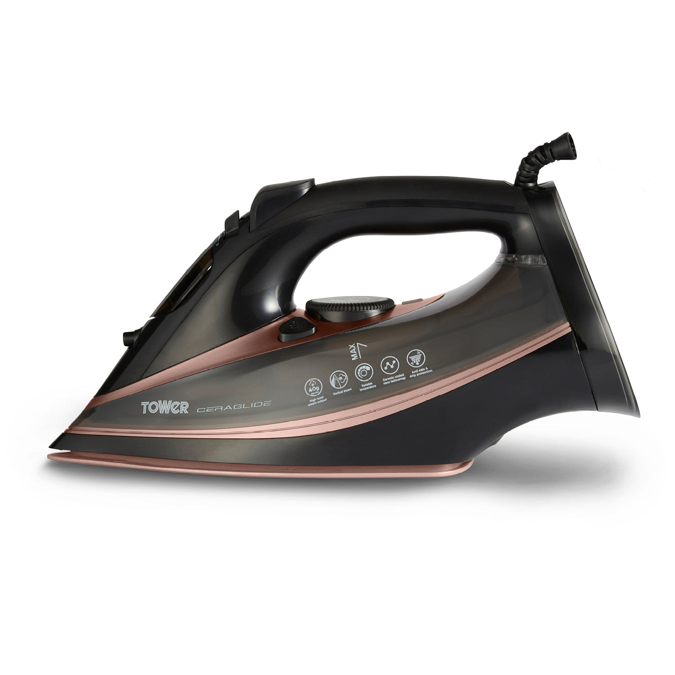5056032954236 TOWER CeraGlide 3100W Ultra Speed Iron Black / Rose Gold T22013 Brambles Cookshop 1