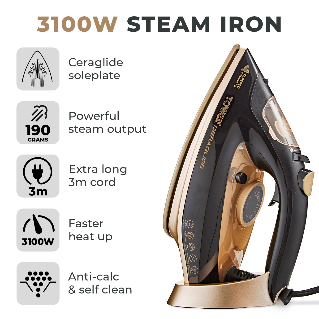 5056462300665 TOWER Ceraglide 3100W Steam Iron T22021GLD Brambles Cookshop 2