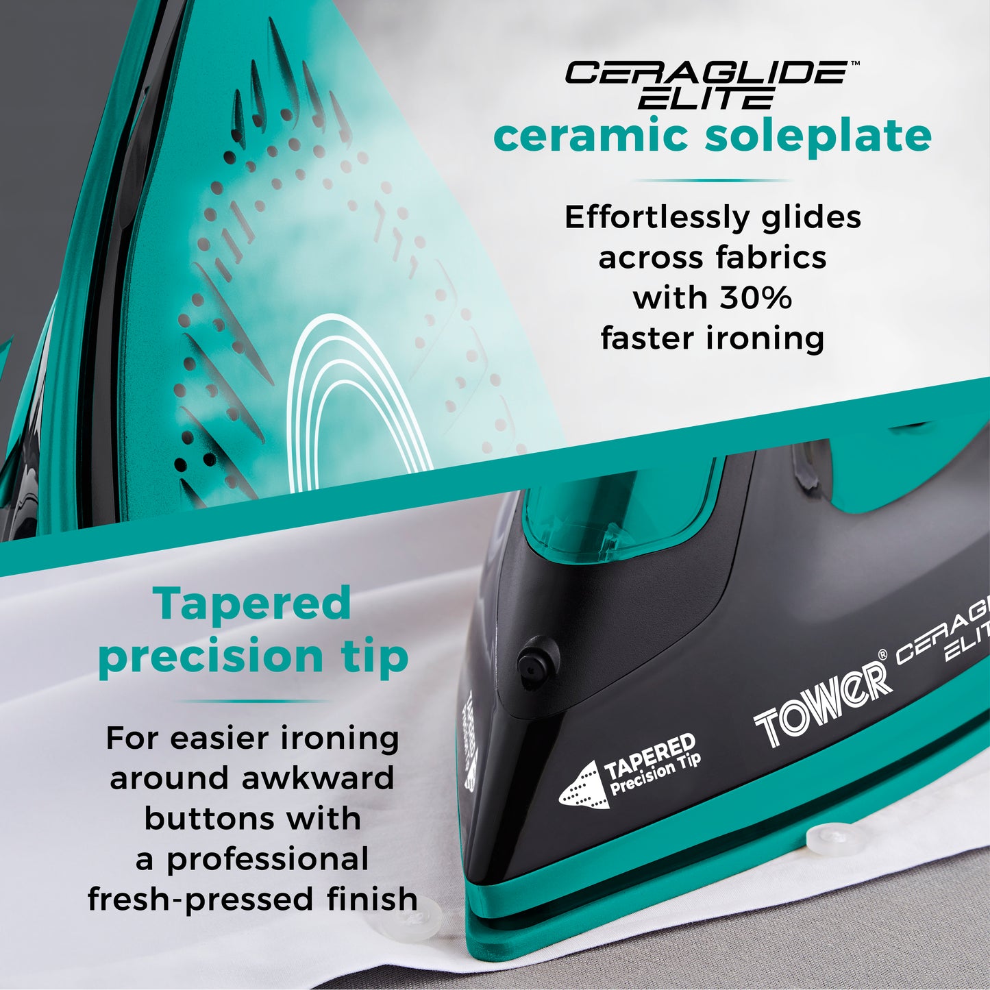 5056462352893 TOWER Ceraglide 3100W Steam Iron Black and Teal T22021TL Brambles Cookshop 4