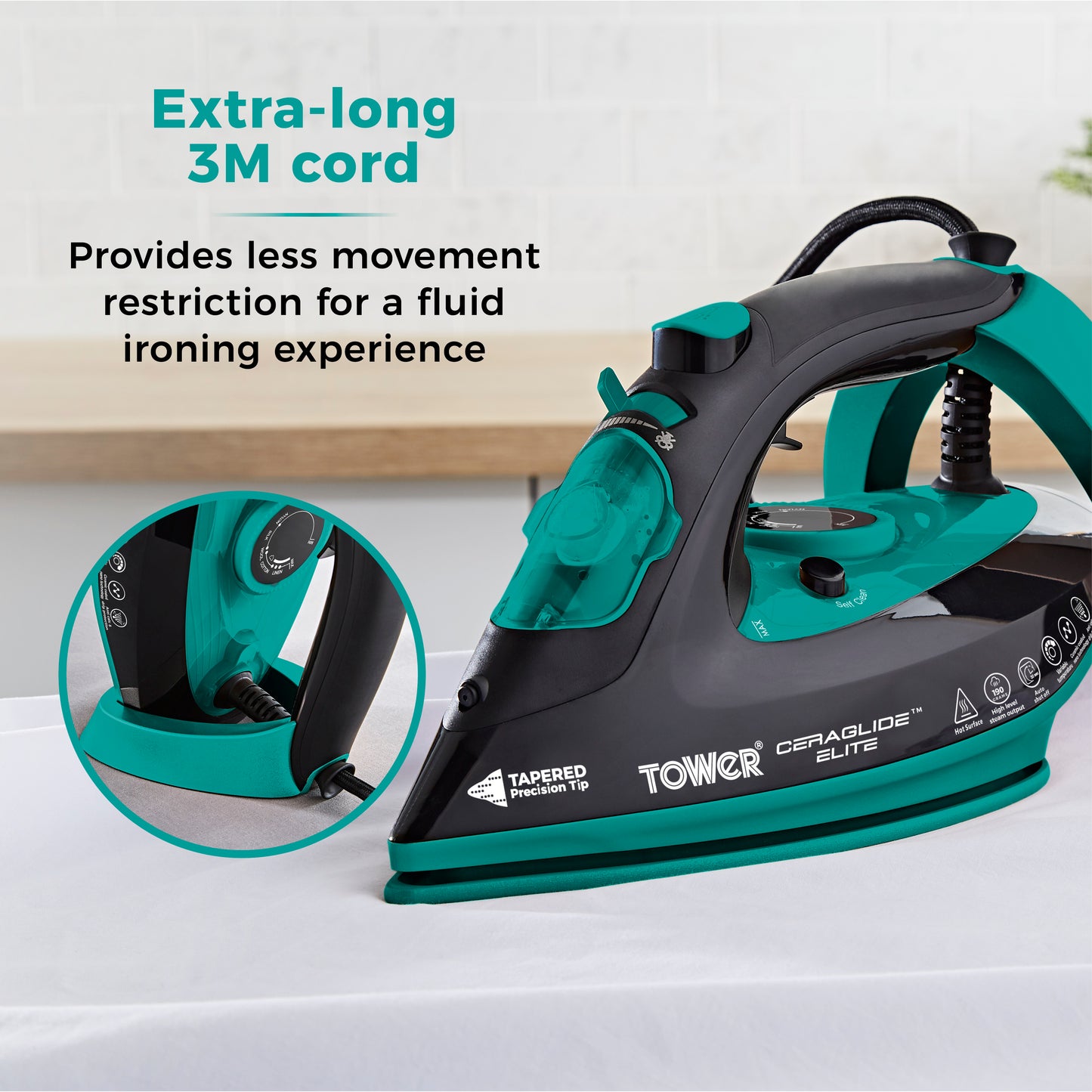 5056462352893 TOWER Ceraglide 3100W Steam Iron Black and Teal T22021TL Brambles Cookshop 6