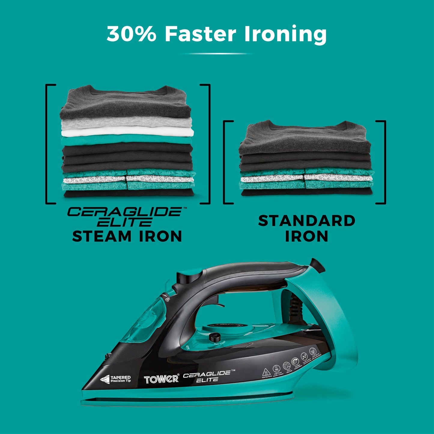 5056462352893 TOWER Ceraglide 3100W Steam Iron Black and Teal T22021TL Brambles Cookshop 7