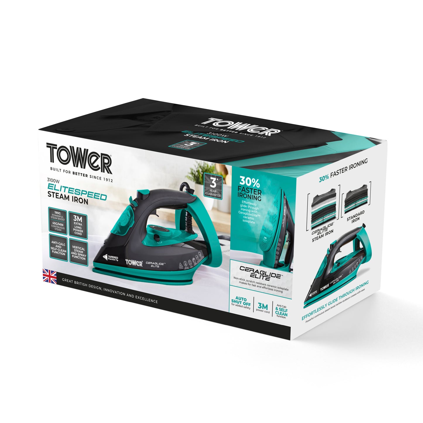 5056462352893 TOWER Ceraglide 3100W Steam Iron Black and Teal T22021TL Brambles Cookshop 10