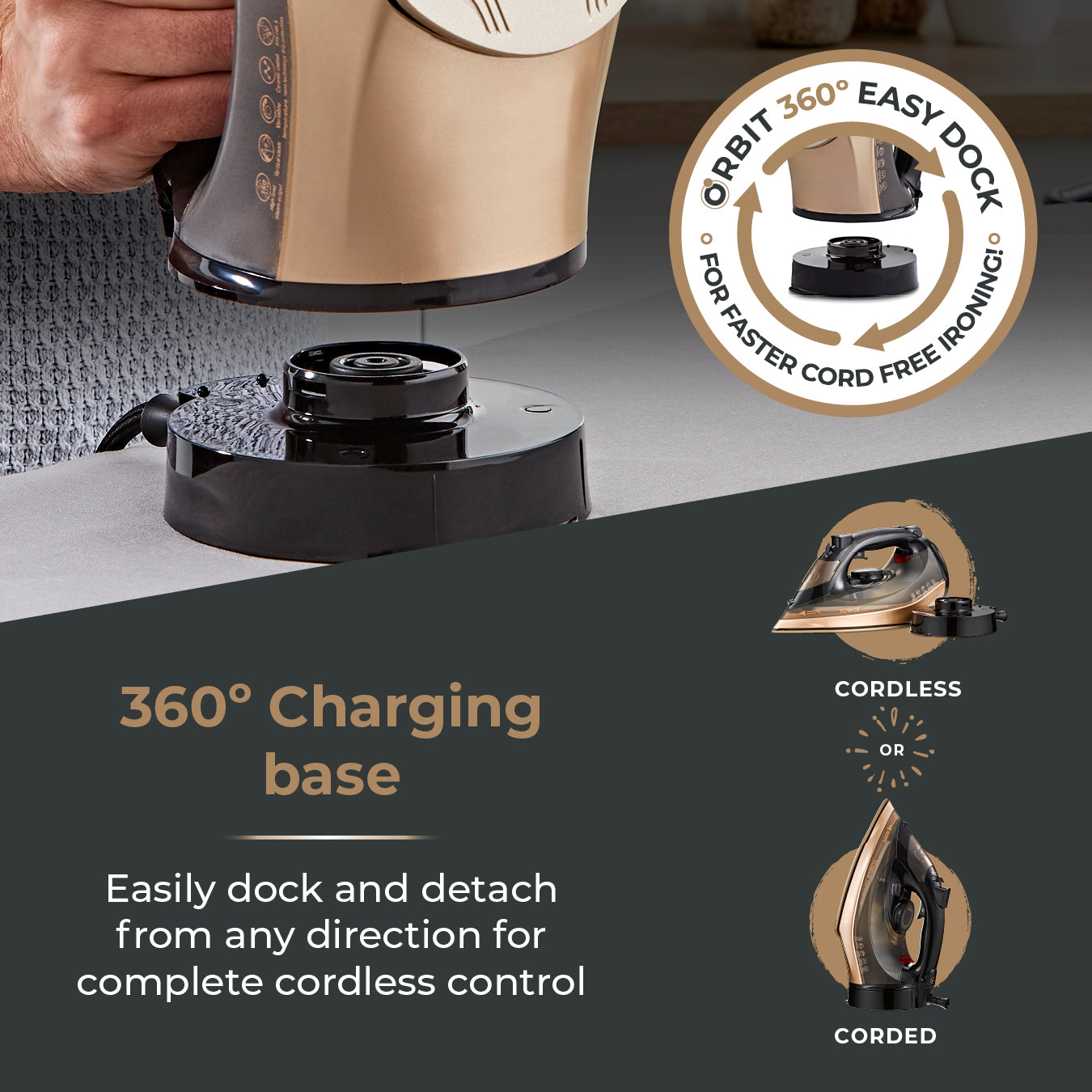 5056462300689 TOWER Ceraglide 2800W 360 Cord Cordless Steam Iron Black and Gold T22022GLD Brambles Cookshop 3