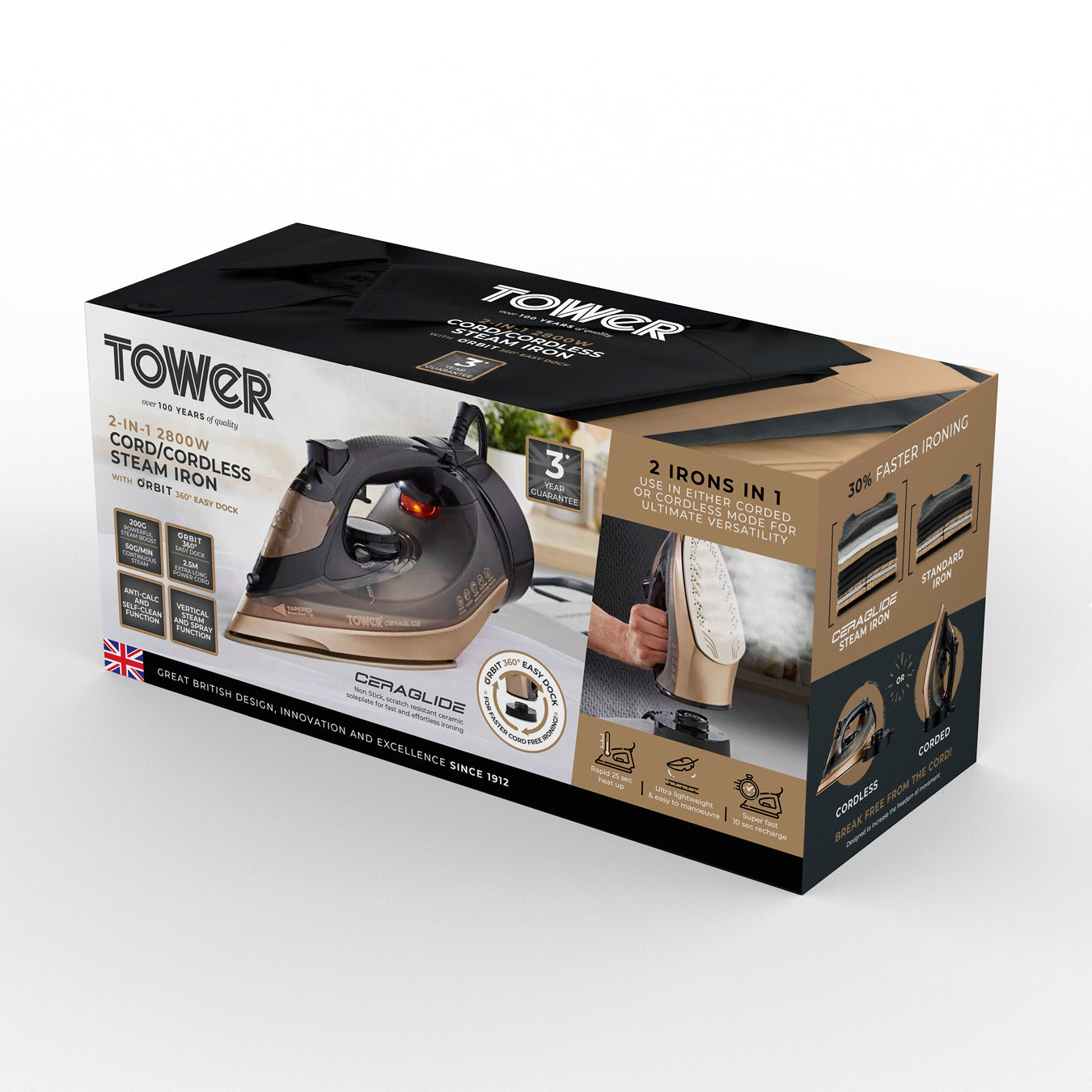 5056462300689 TOWER Ceraglide 2800W 360 Cord Cordless Steam Iron Black and Gold T22022GLD Brambles Cookshop 9