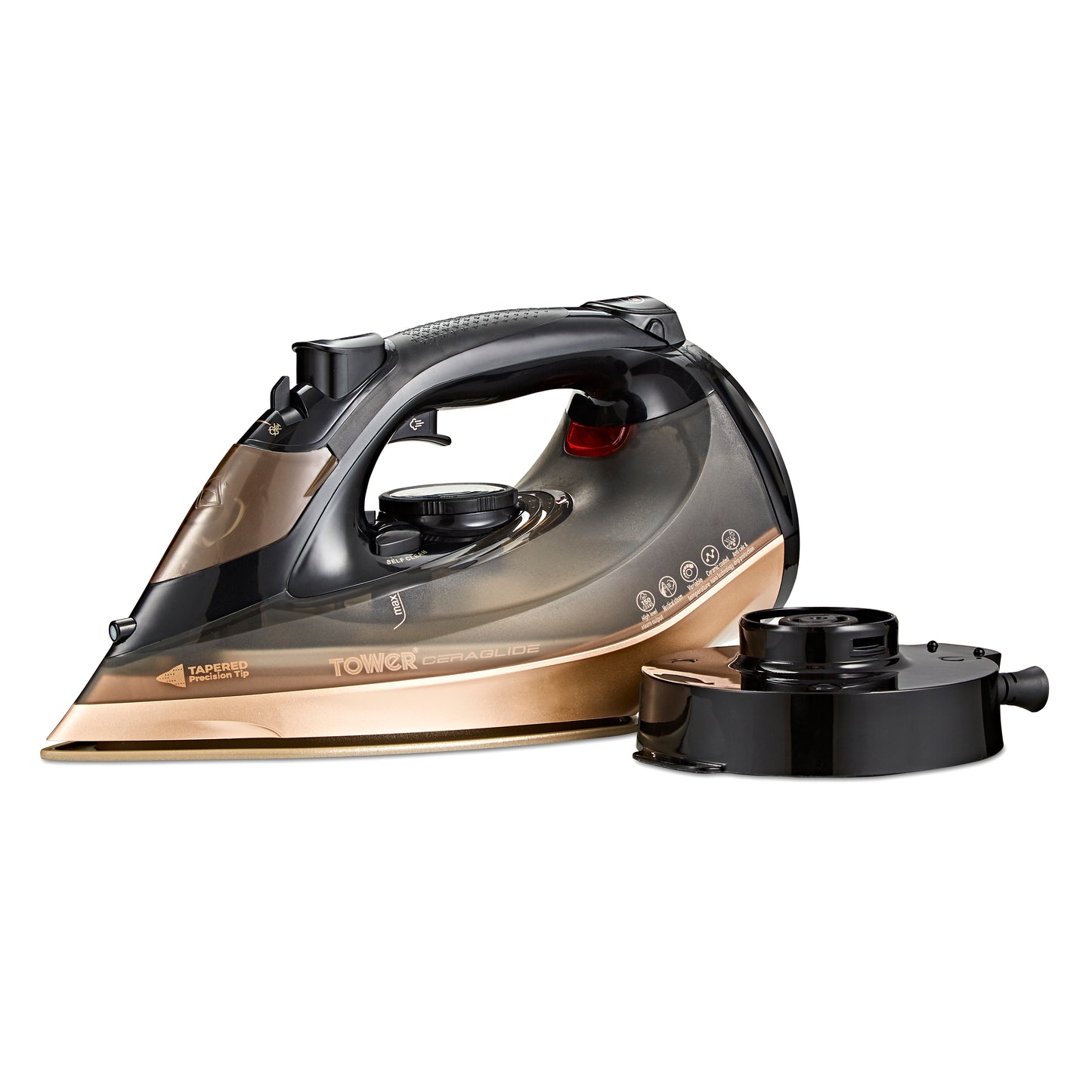 5056462300689 TOWER Ceraglide 2800W 360 Cord Cordless Steam Iron Black and Gold T22022GLD Brambles Cookshop 1
