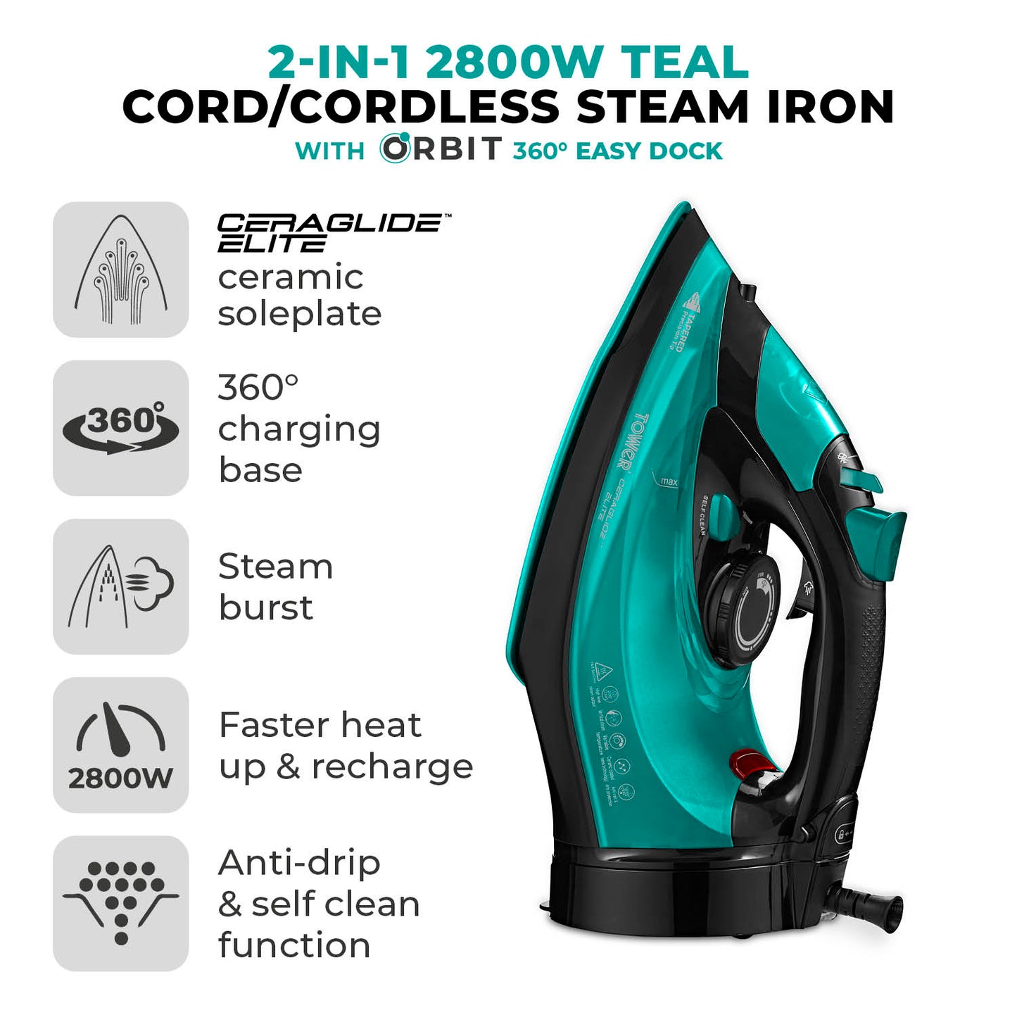 5056462352916 TOWER Ceraglide Cord/Cordless Iron 2800W Black and Teal T22022TL Brambles Cookshop 2