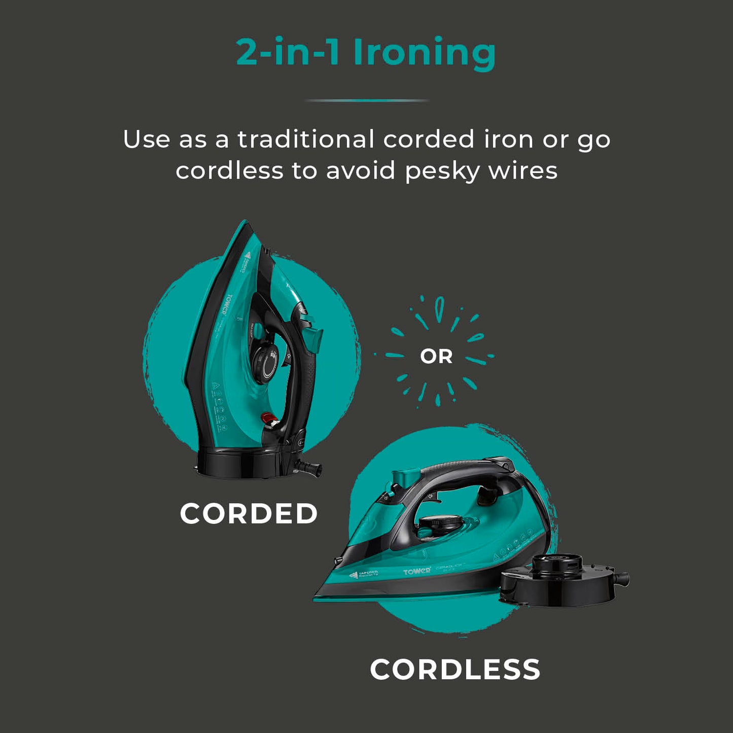 5056462352916 TOWER Ceraglide Cord/Cordless Iron 2800W Black and Teal T22022TL Brambles Cookshop 4