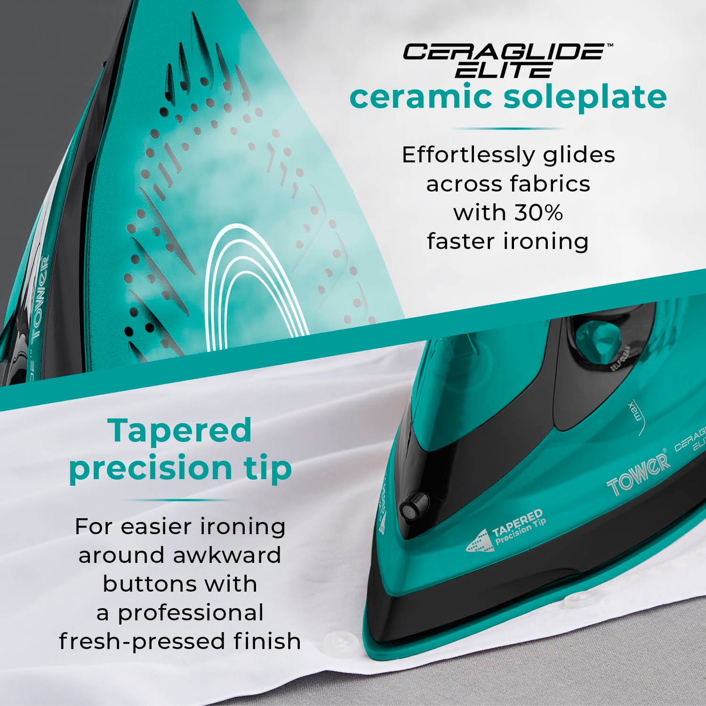 5056462352916 TOWER Ceraglide Cord/Cordless Iron 2800W Black and Teal T22022TL Brambles Cookshop 5