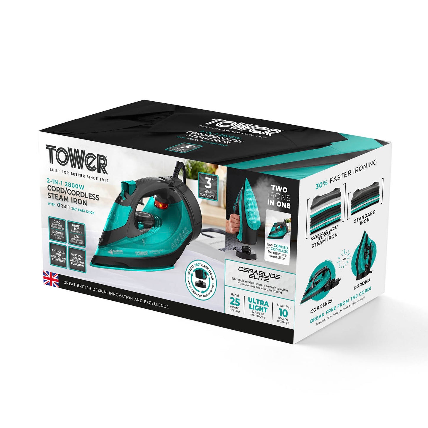 5056462352916 TOWER Ceraglide Cord/Cordless Iron 2800W Black and Teal T22022TL Brambles Cookshop 10