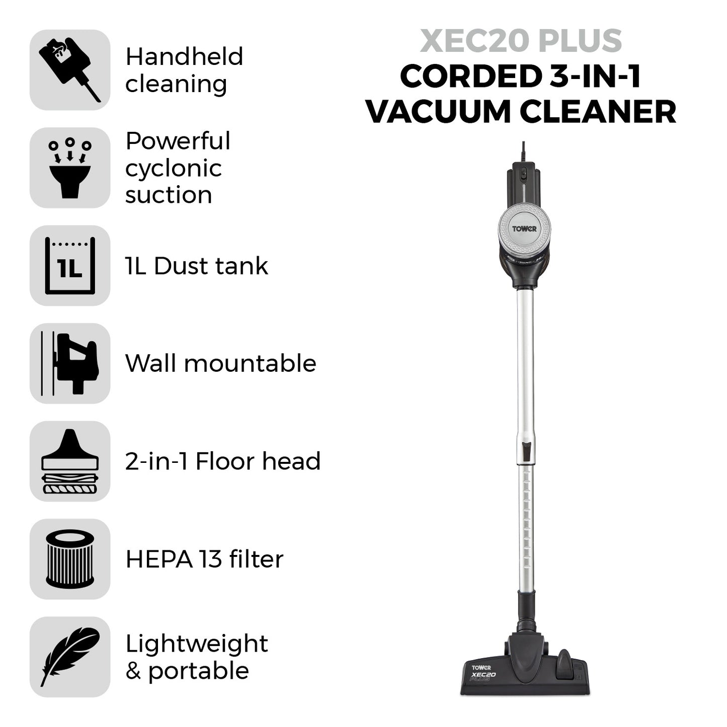 5056462371917 TOWER XEC20 Plus Corded 3-in-1 Vac Lightweight 600W Motor Platinum T513005PL Brambles Cookshop 2