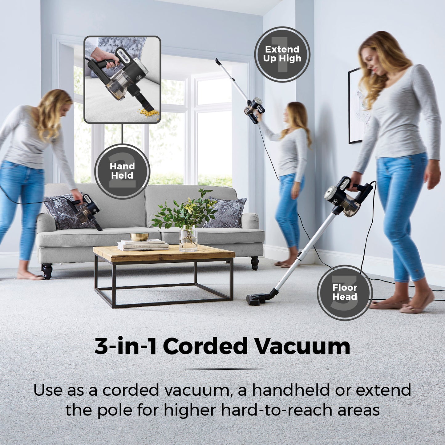 5056462371917 TOWER XEC20 Plus Corded 3-in-1 Vac Lightweight 600W Motor Platinum T513005PL Brambles Cookshop 3
