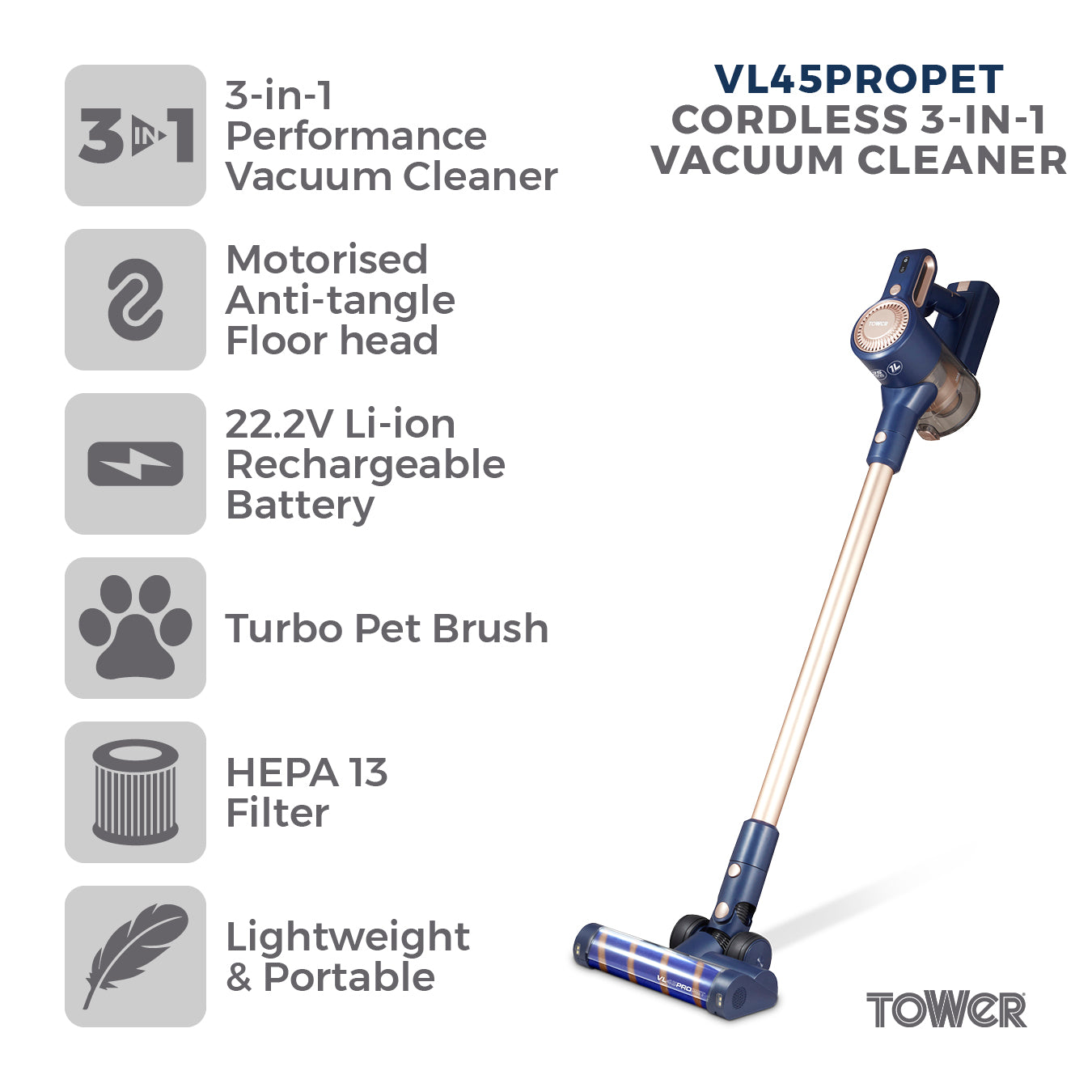 5056462346762 TOWER VL45 Pro Pet Anti Tangle Vac 3-IN-1 DC 150W Blue T513009 Brambles Cookshop 2