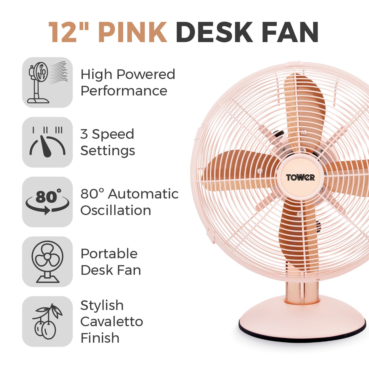 5056462328157 TOWER Cavaletto 12 Inch Metal Desk Fan T611000P Brambles Cookshop 2