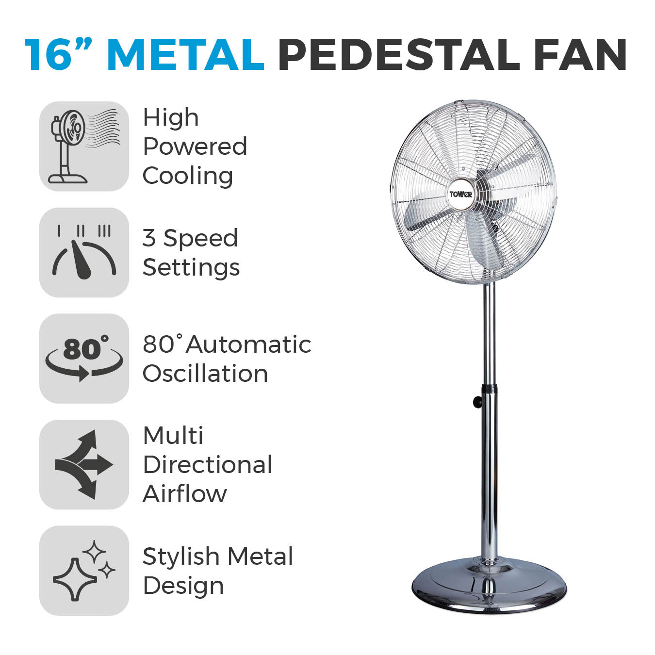 5056032995567 TOWER TOWER 16 Inch Metal Pedestal Fan T637000 Brambles Cookshop 2