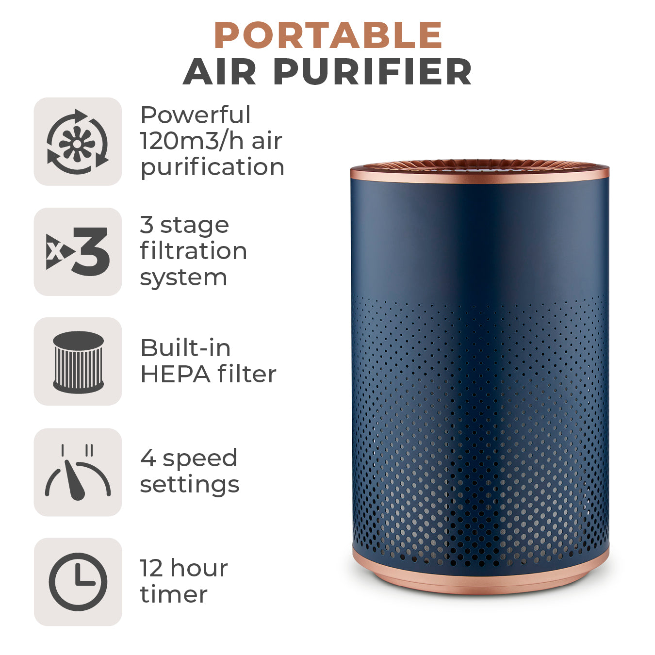 5056462337470 TOWER Desktop Air Purifier Blue and Roses Gold T673000BLG Brambles Cookshop 2