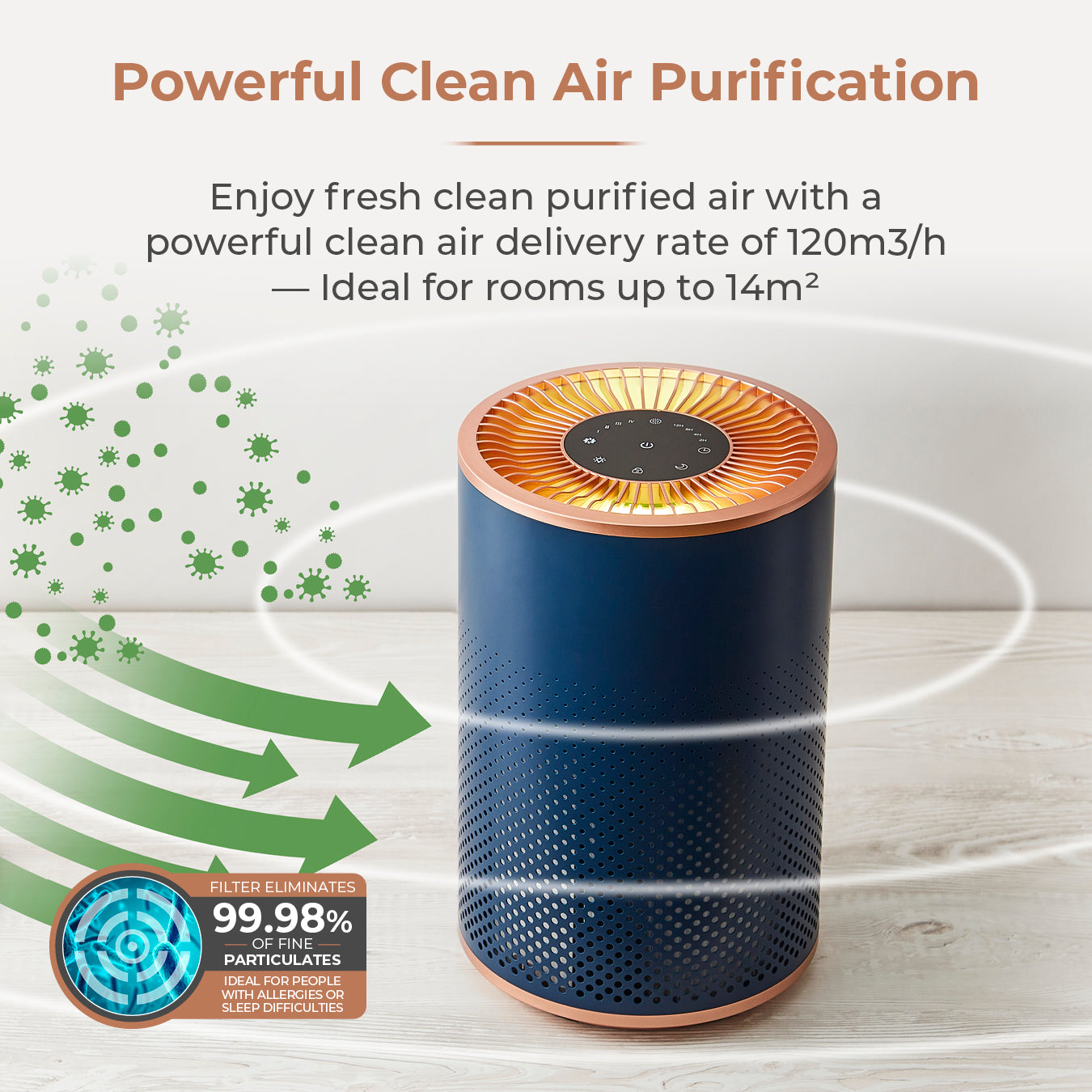 5056462337470 TOWER Desktop Air Purifier Blue and Roses Gold T673000BLG Brambles Cookshop 3