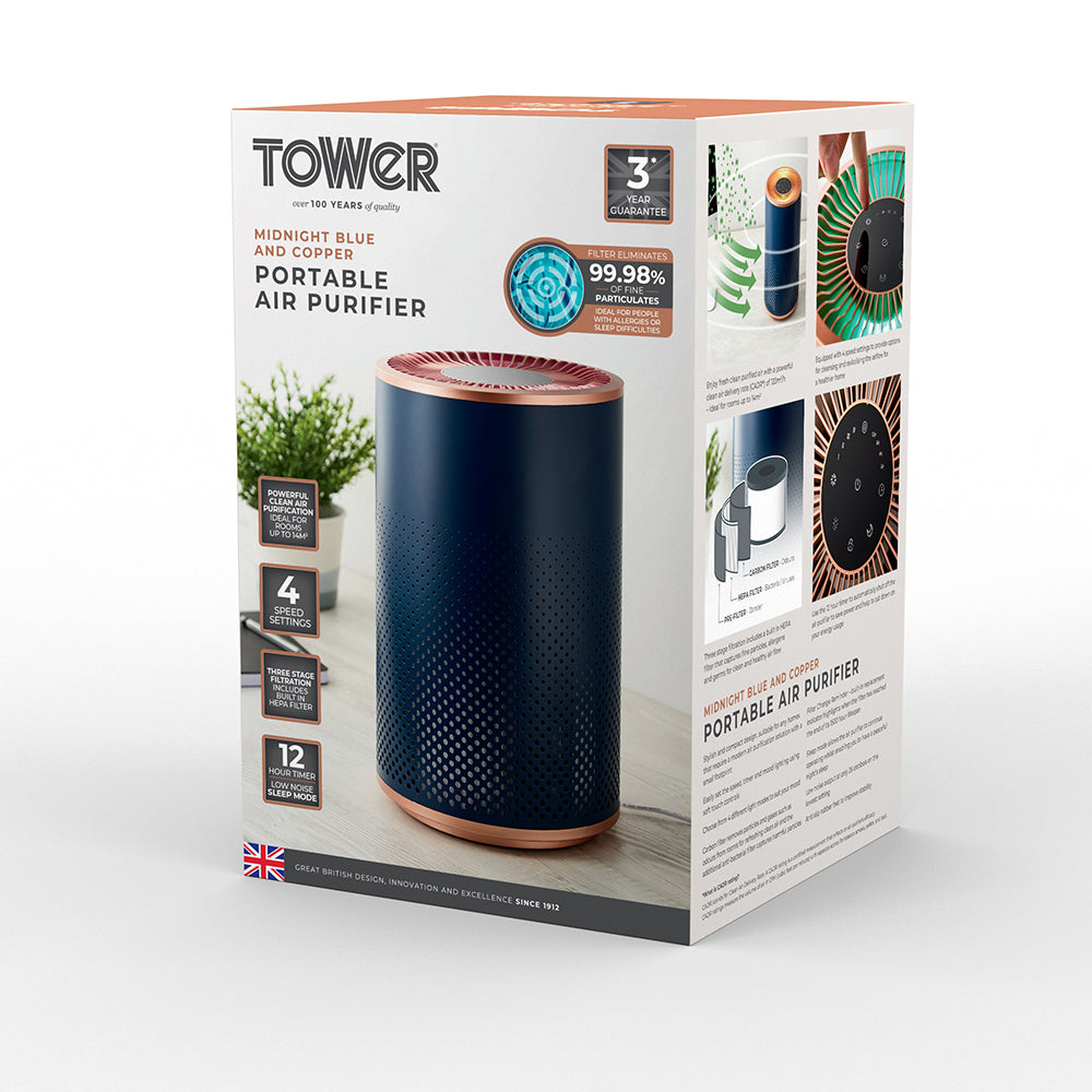5056462337470 TOWER Desktop Air Purifier Blue and Roses Gold T673000BLG Brambles Cookshop 11