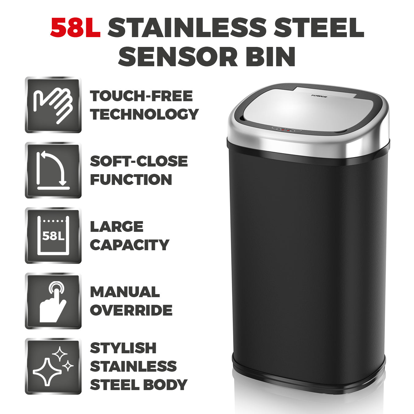 5055195881687 TOWER 58 Litre Stainless Steel Sensor Bin T80900 Brambles Cookshop 2