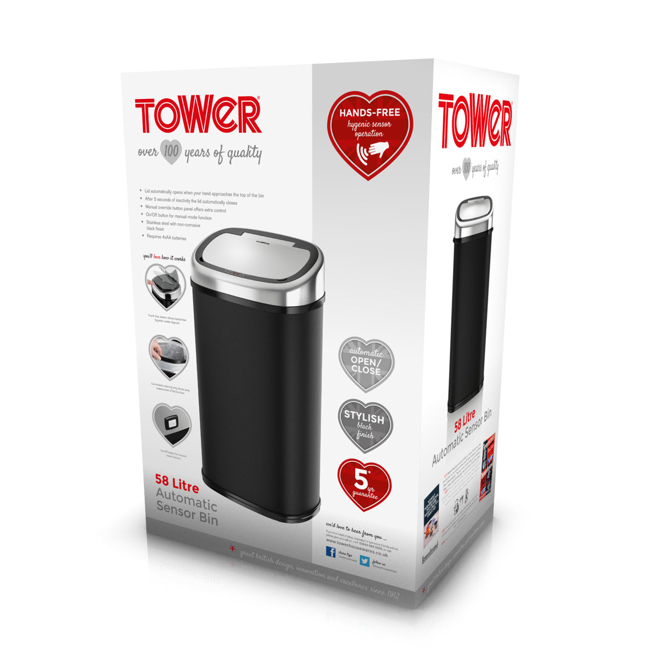5055195881687 TOWER 58 Litre Stainless Steel Sensor Bin T80900 Brambles Cookshop 9