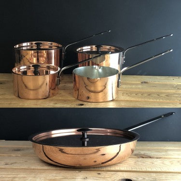 Netherton Foundry Copper pan set : Chef's pan, milk pan and 6, 7, 8 inch spun saucepans with lids NFS-336