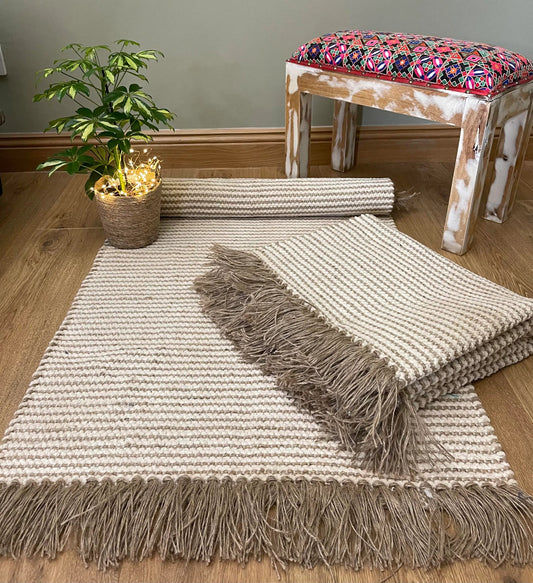 Second Nature COLVA Rug Cotton Jute Yarn in Natural Beige Ivory Stripes 120cm x 180cm
