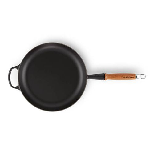 Le Creuset Signature Satin Black Cast Iron Saute Pan with Wooden Handle - 28cm