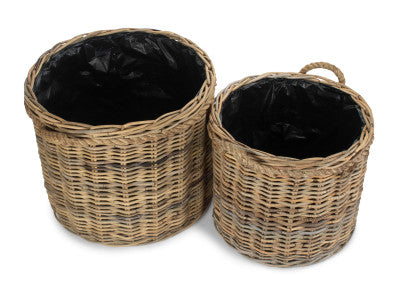 ROPE HANDLED RATTAN ROUND PLANTER with PLASTIC LINING SET 2