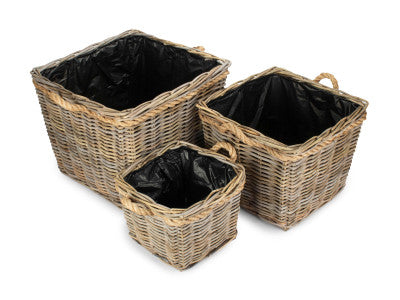 SQUARE TAPERED ROPE HANDLED RATTAN PLANTER with PLASTIC LINING SET 3
