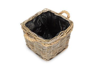 SMALL SQUARE TAPERED ROPE HANDLED RATTAN PLANTER with PLASTIC LINING