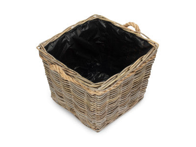MEDIUM SQUARE TAPERED ROPE HANDLED RATTAN PLANTER with PLASTIC LINING