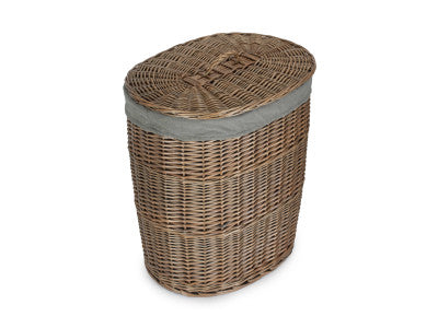 LARGE ANTIQUE WASH OVAL LAUNDRY BASKET with GREY SAGE LINING